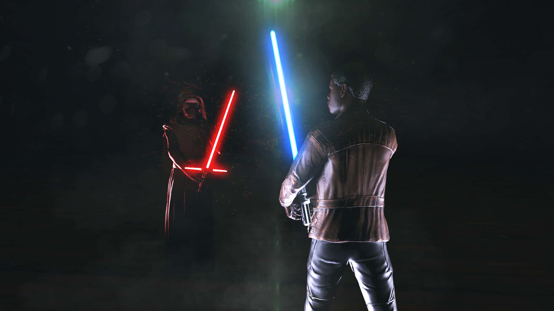 Lightsaber Duels 桌布 壁紙 — 兩個人物在黑暗中對峙，揮舞著發光的紅色和藍色光劍，展開一場戲劇性的對決。