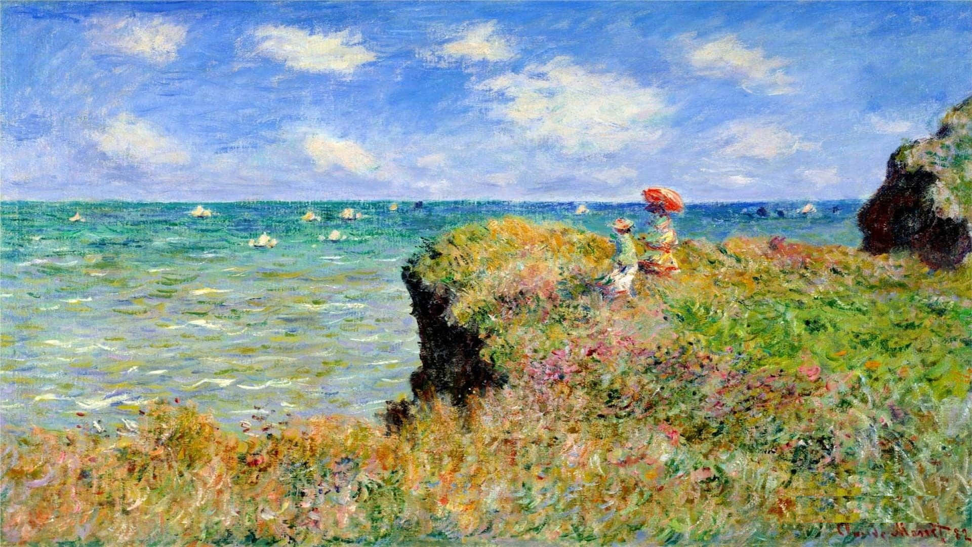 Impressionism 桌布 壁紙 — 兩個人物拿著紅色雨傘坐在長滿草的懸崖上，俯瞰著一片生機勃勃的藍色海洋，海面上點綴著帆船，天空部分多雲。