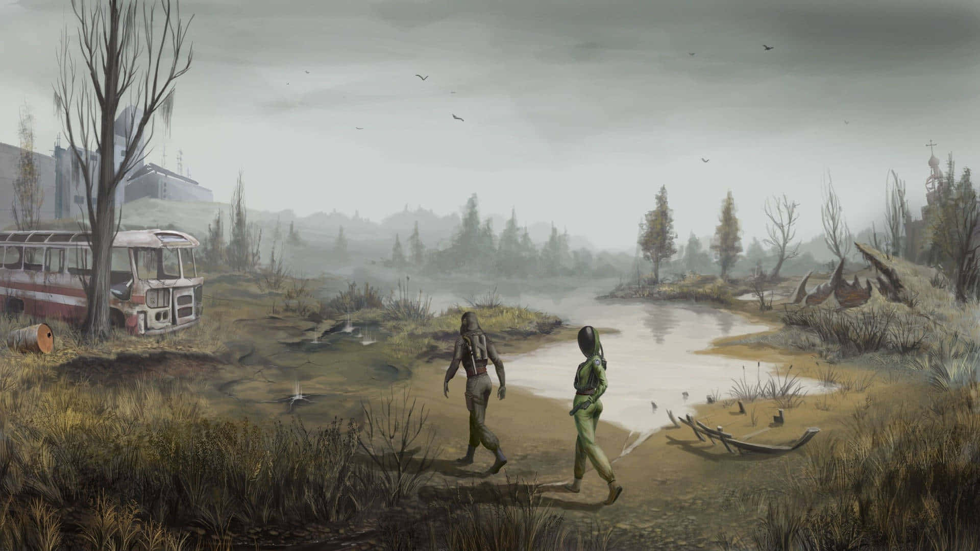 Fallout 4 Wasteland 桌布 壁紙 — 兩個人物穿過一片荒涼、雜草叢生的荒地，霧氣瀰漫的樹木間有一輛生鏽的巴士和一艘破船。