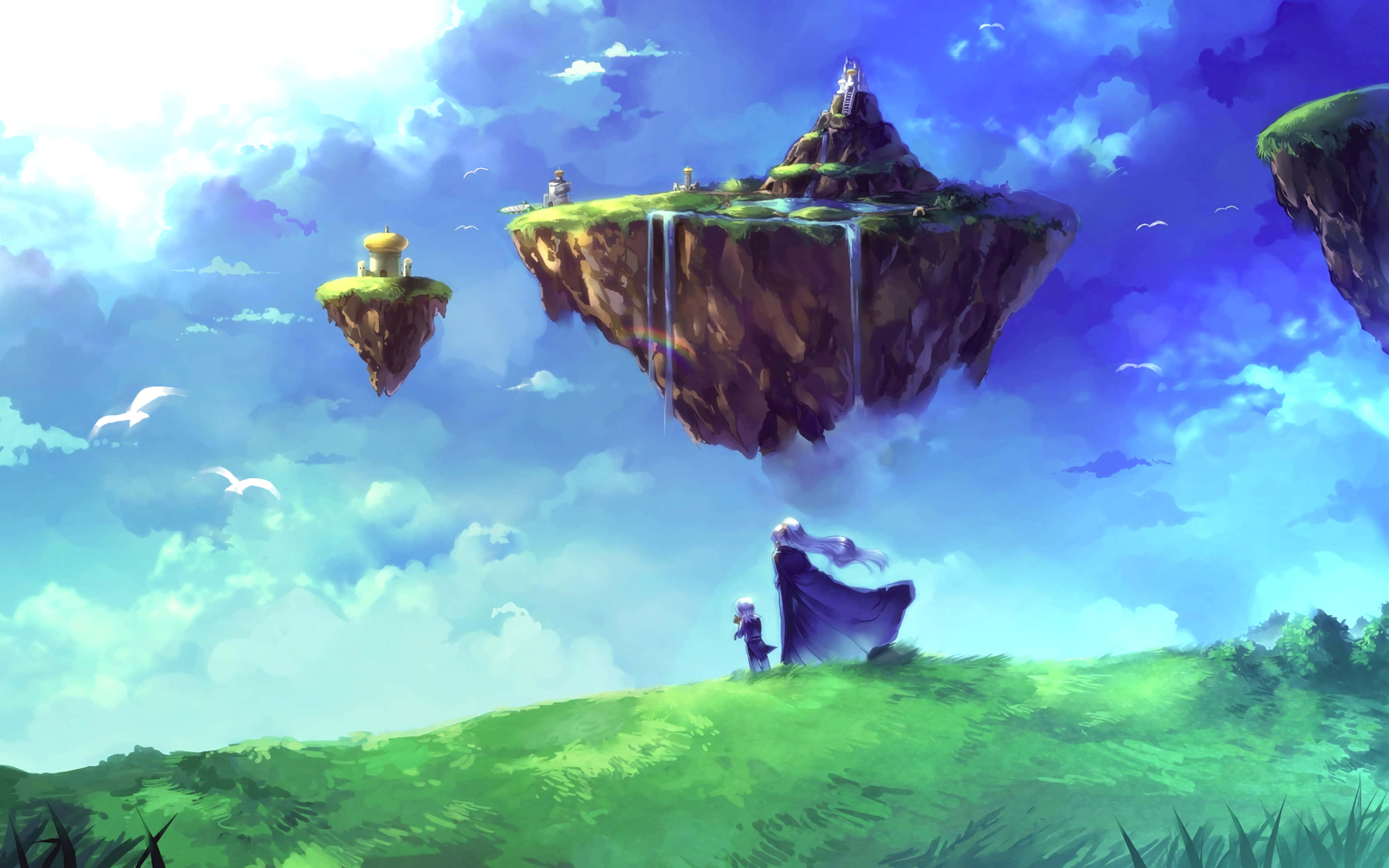Kingdom 桌布 壁紙 — 兩個人物站在充滿活力的綠色山丘上，仰望漂浮的島嶼，島上有瀑布和城堡，天空湛藍。