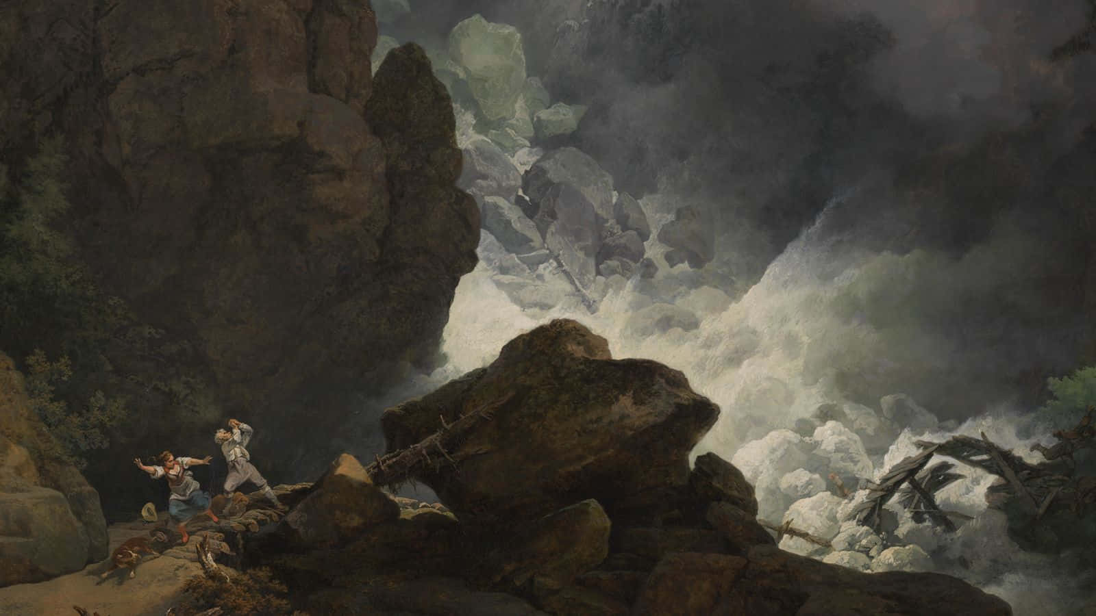 Romanticism 桌布 壁紙 — 兩個人物站在咆哮的瀑布前，瀑布在風暴天空下穿過崎嶇的岩石峽谷傾瀉而下，令人敬畏。