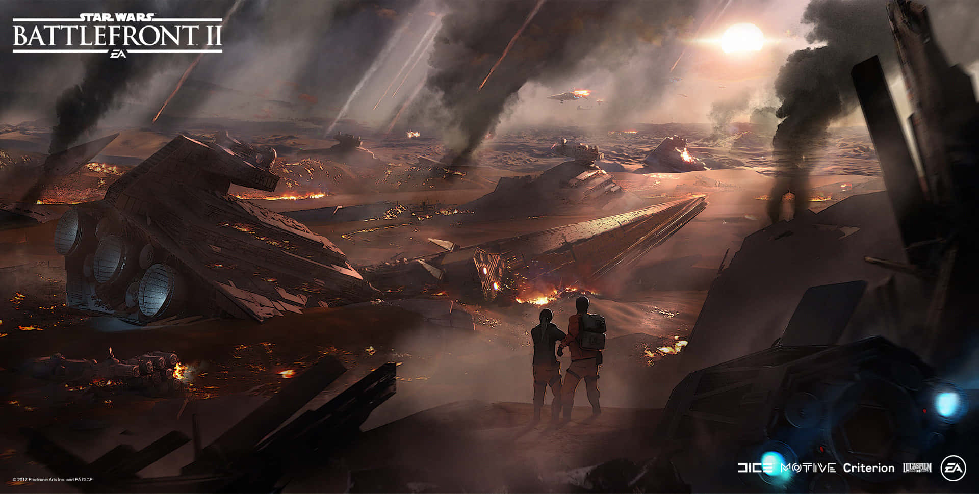 The Battle Of Jakku 桌布 壁紙 — 兩個人物站在廢墟上，俯瞰著被戰爭蹂躪的戰場，燃燒的船隻和煙霧在耀眼的太陽下。