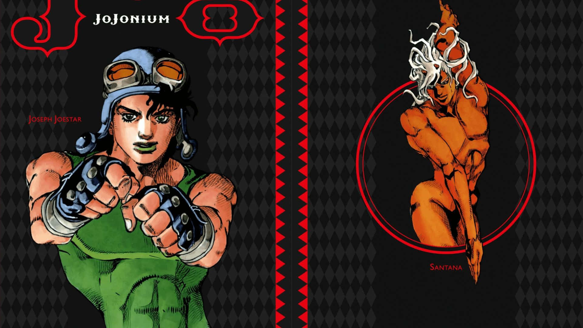 joseph joestar 桌布 壁紙 — 兩個來自《JoJo的奇妙冒險》的動漫角色，以動態姿勢站在帶有紅色點綴的黑色鑽石圖案背景前。
