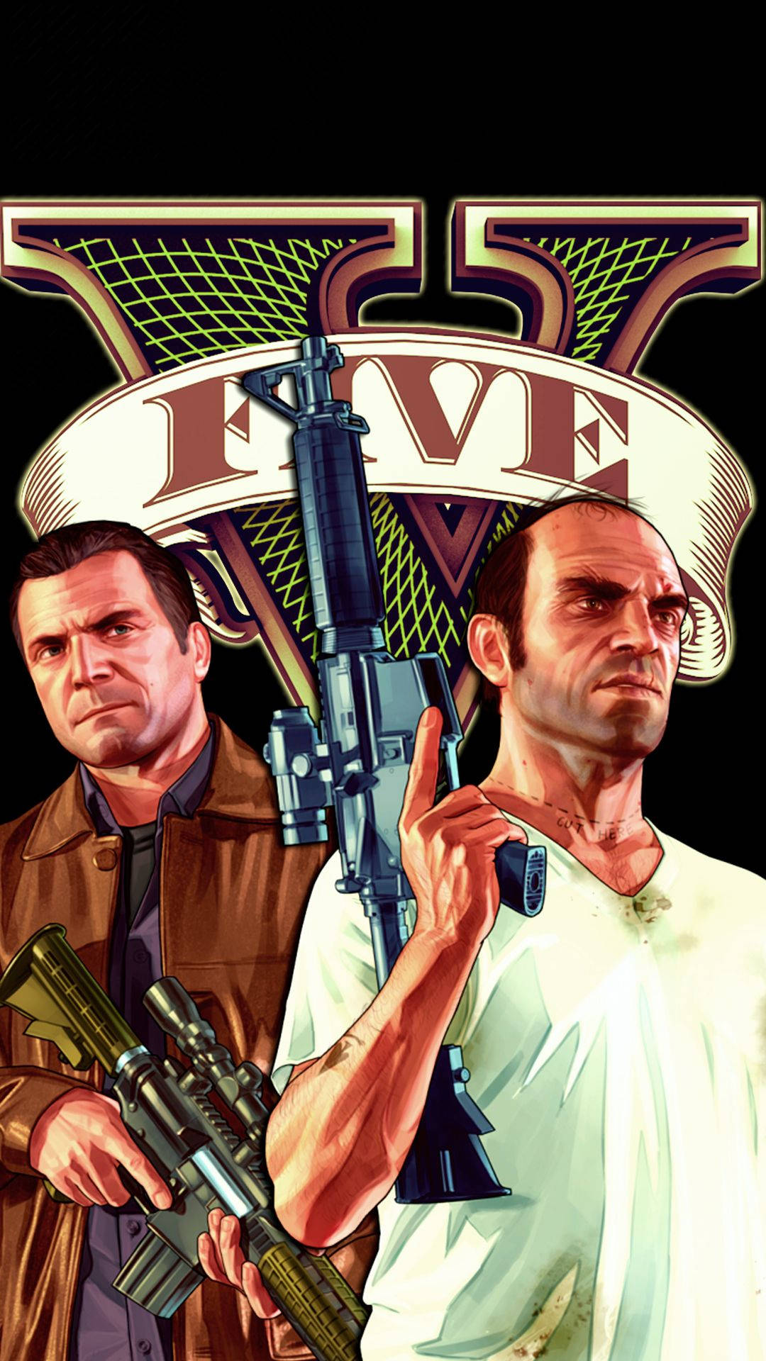Grand Theft Auto V 桌布 壁紙 — 兩個來自GTA V的粗獷主角，手持突擊步槍，在風格化的「V」標誌背景下威嚇地站立。