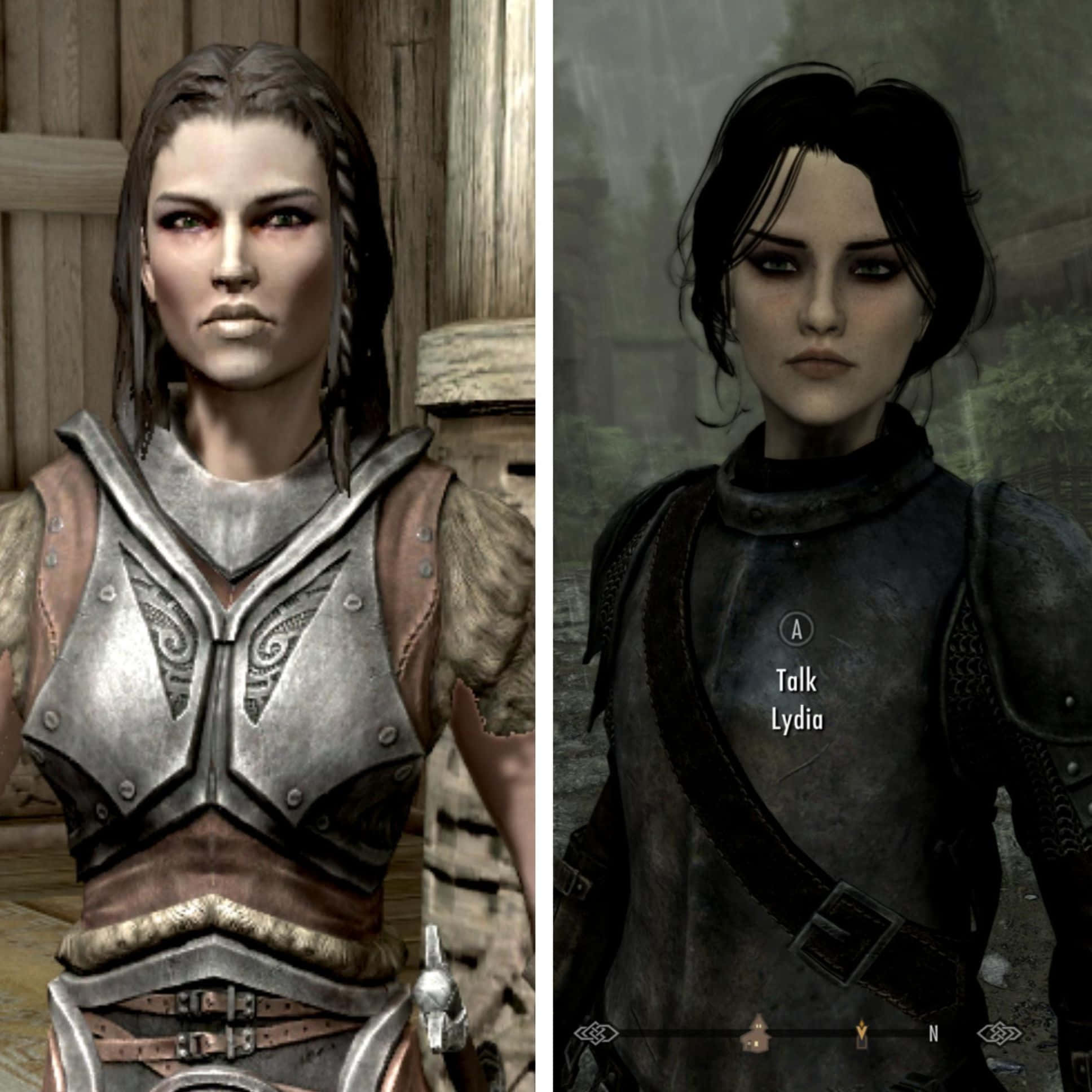 Skyrim Lydia 桌布 壁紙 — 兩個來自奇幻遊戲的裝甲女性角色站在對比的木質和霧氣戶外環境中。