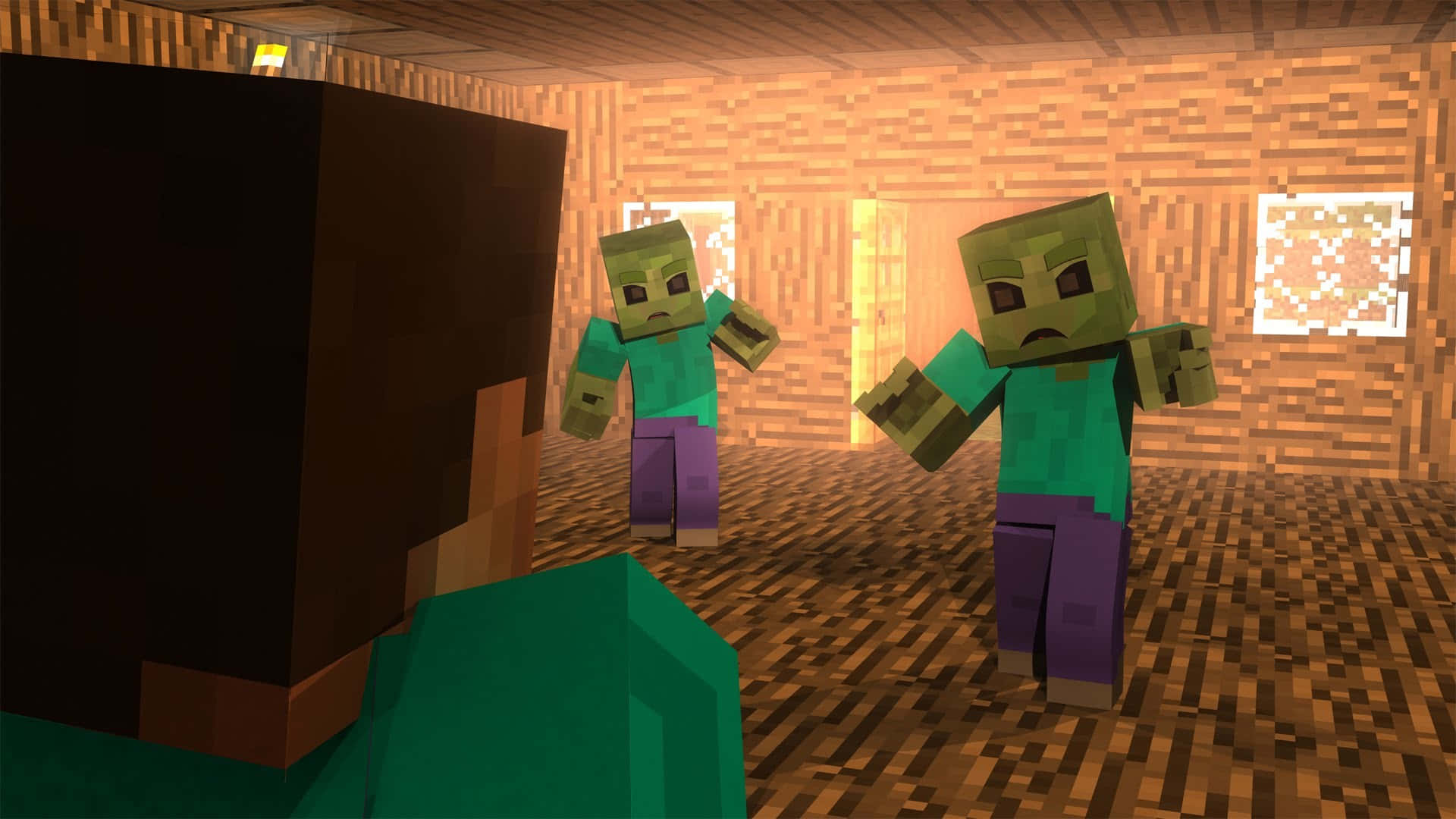 Minecraft Zombie 桌布 壁紙 — 兩個像素化嘅喪屍角色企喺一個木造嘅Minecraft屋入面，面向一個玩家角色。
