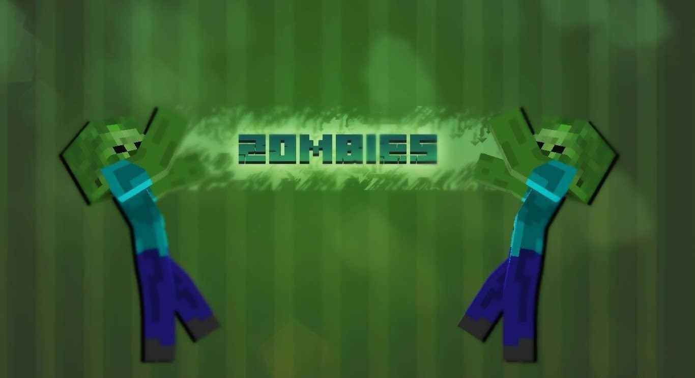 Minecraft Zombie 桌布 壁紙 — 兩個像素化的Minecraft喪屍在條紋綠色背景上以發光綠色文字夾住「zombies」一詞。