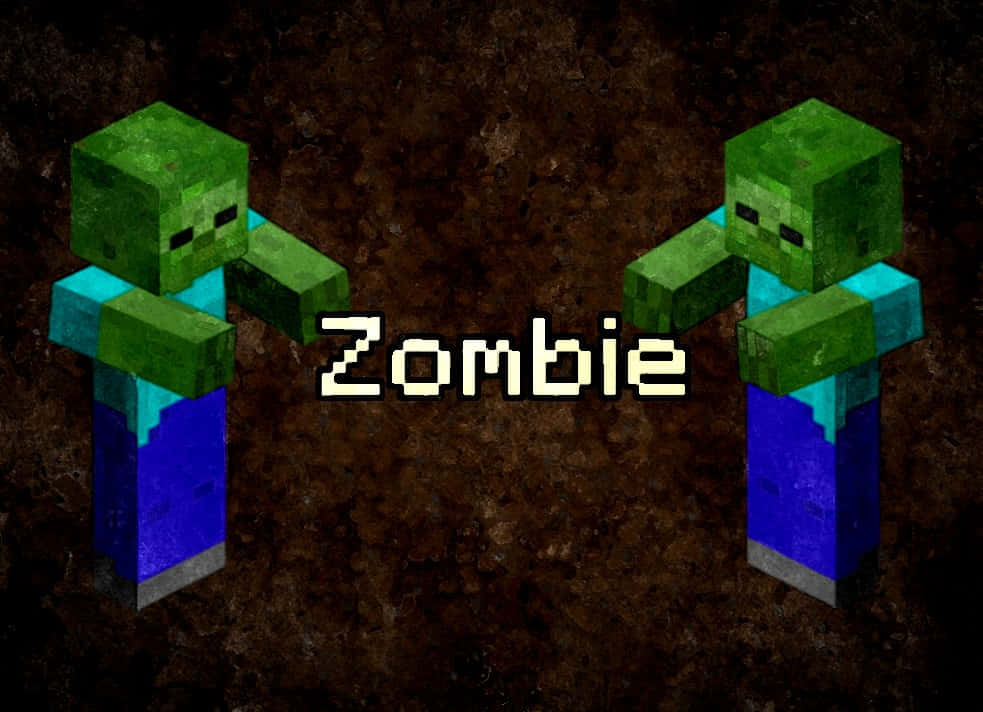 Minecraft Zombie 桌布 壁紙 — 兩個像素化的Minecraft喪屍在深色紋理背景上面對面站立，中間有Zombie字樣。