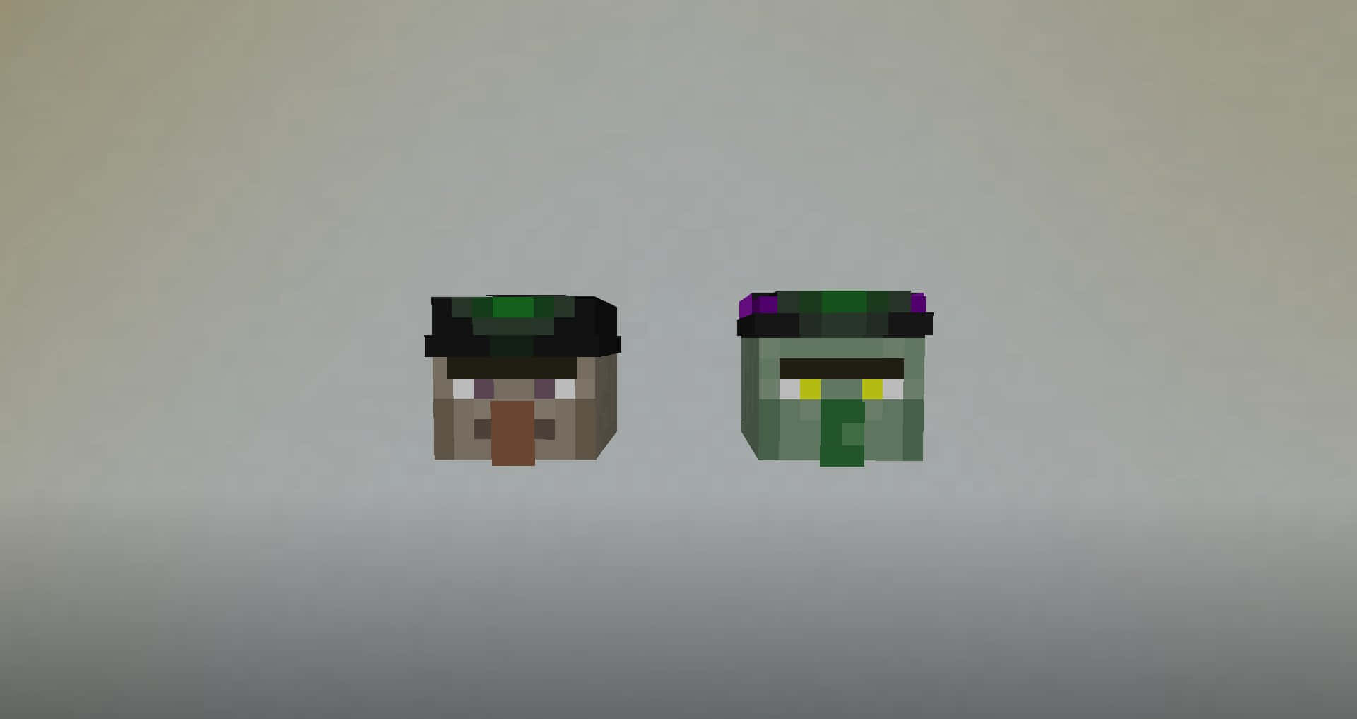 Minecraft Witch 桌布 壁紙 — 兩個像素化的Minecraft喪屍戴着綠色帽子，並排站在純灰色背景前。