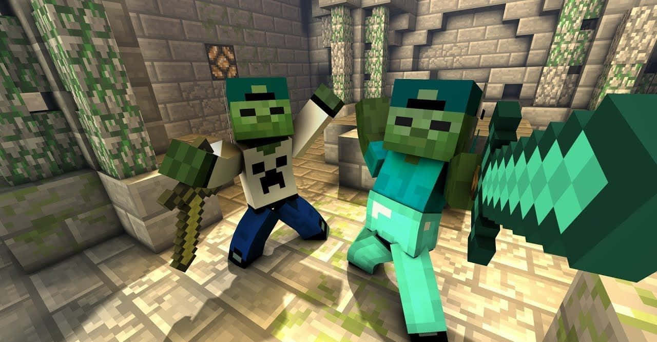Minecraft Zombie 桌布 壁紙 — 兩個像素化的Minecraft喪屍手持劍，站在一個有苔蘚柱子和火把的石頭地牢中。