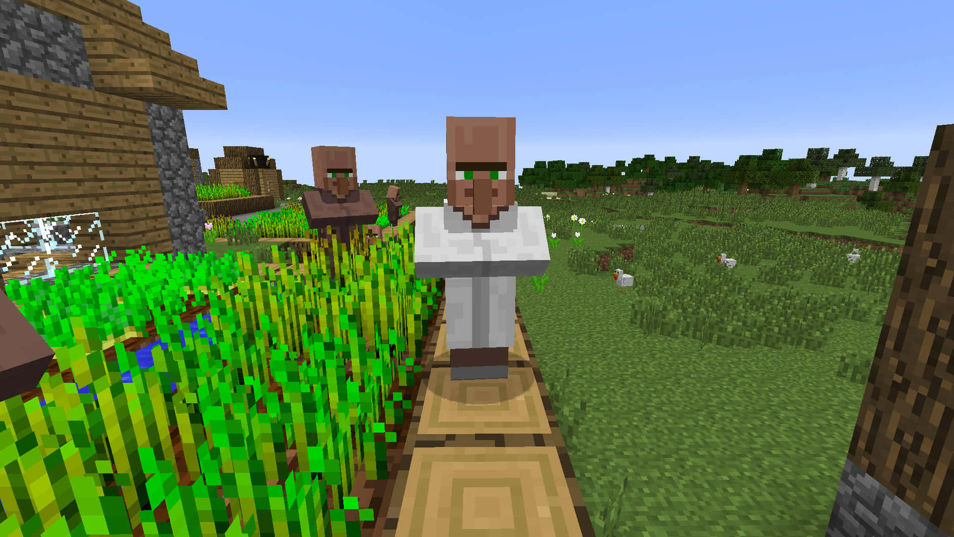 Minecraft Villager 桌布 壁紙 — 兩個像素化的Minecraft村民站在一條木路上，旁邊是草地、木屋和樹木，天空湛藍清澈。