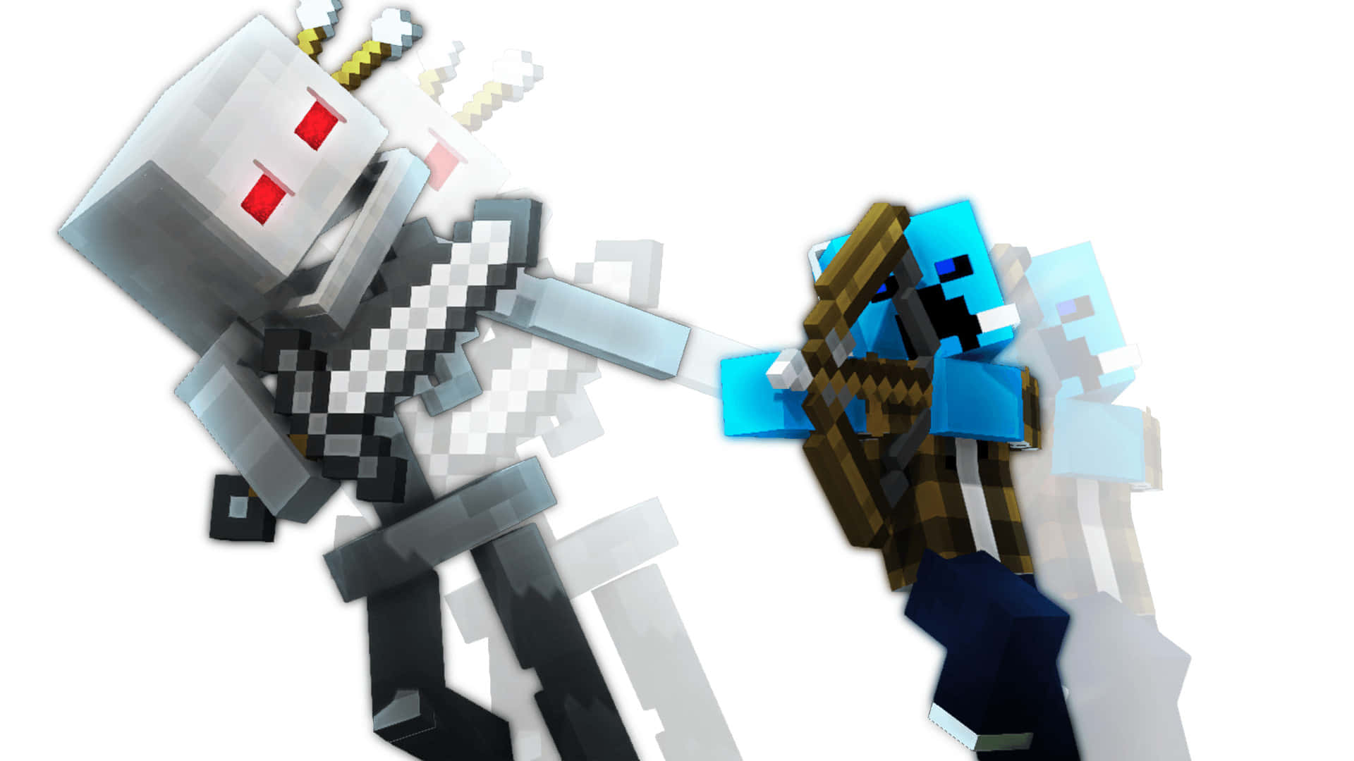 Minecraft Skeleton 桌布 壁紙 — 兩個像素化的Minecraft角色在純白色背景上以動態戰鬥姿勢碰撞。