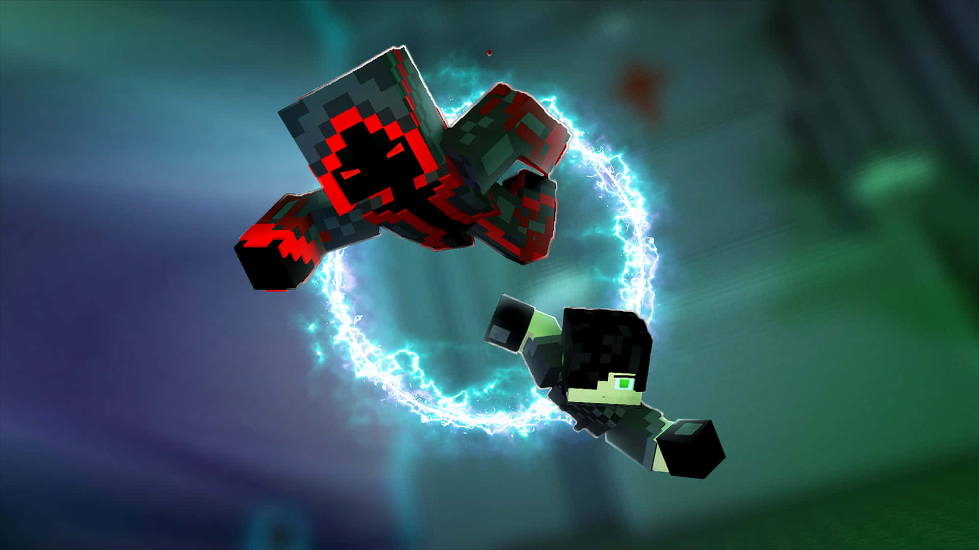Minecraft Fight 桌布 壁紙 — 兩個像素化的Minecraft角色在深藍綠色背景上，被發光的藍色能量環包圍，在半空中碰撞。