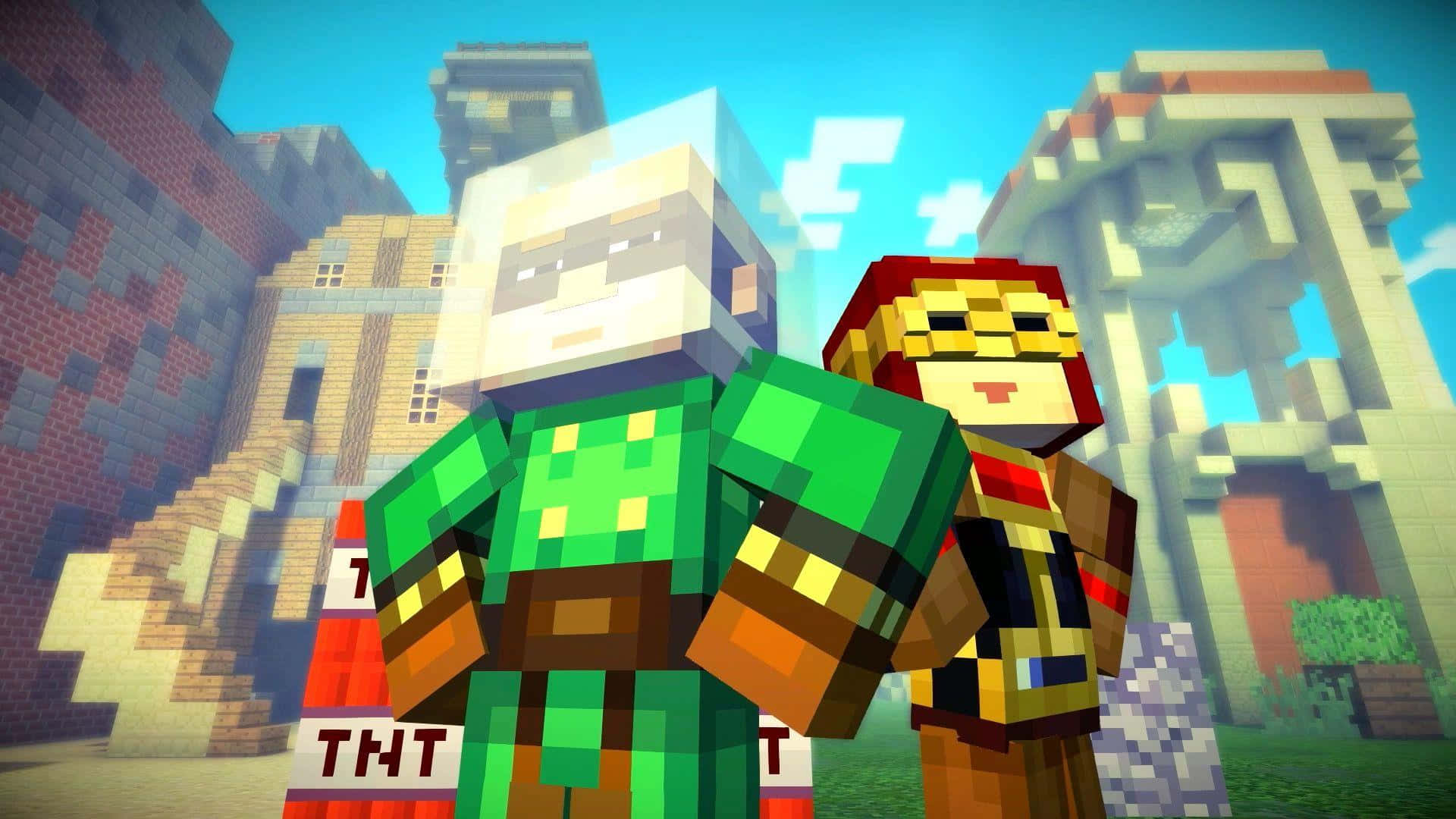 Minecraft Story Mode 桌布 壁紙 — 兩個像素化的Minecraft角色喺一個方塊村莊入面，喺明亮藍天下企喺一個TNT方塊旁邊。