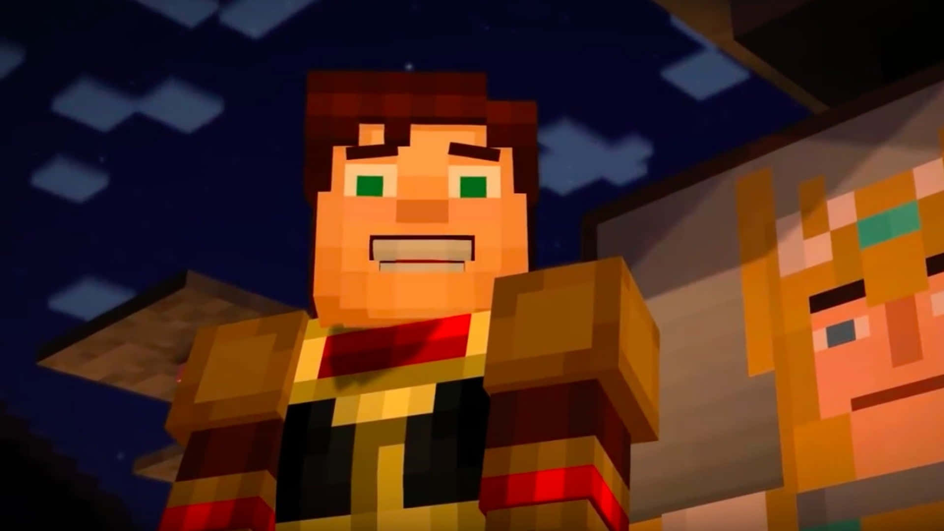 Minecraft Story Mode 桌布 壁紙 — 兩個像素化的Minecraft角色站在星空下，附近有方塊狀的雲和木製結構。