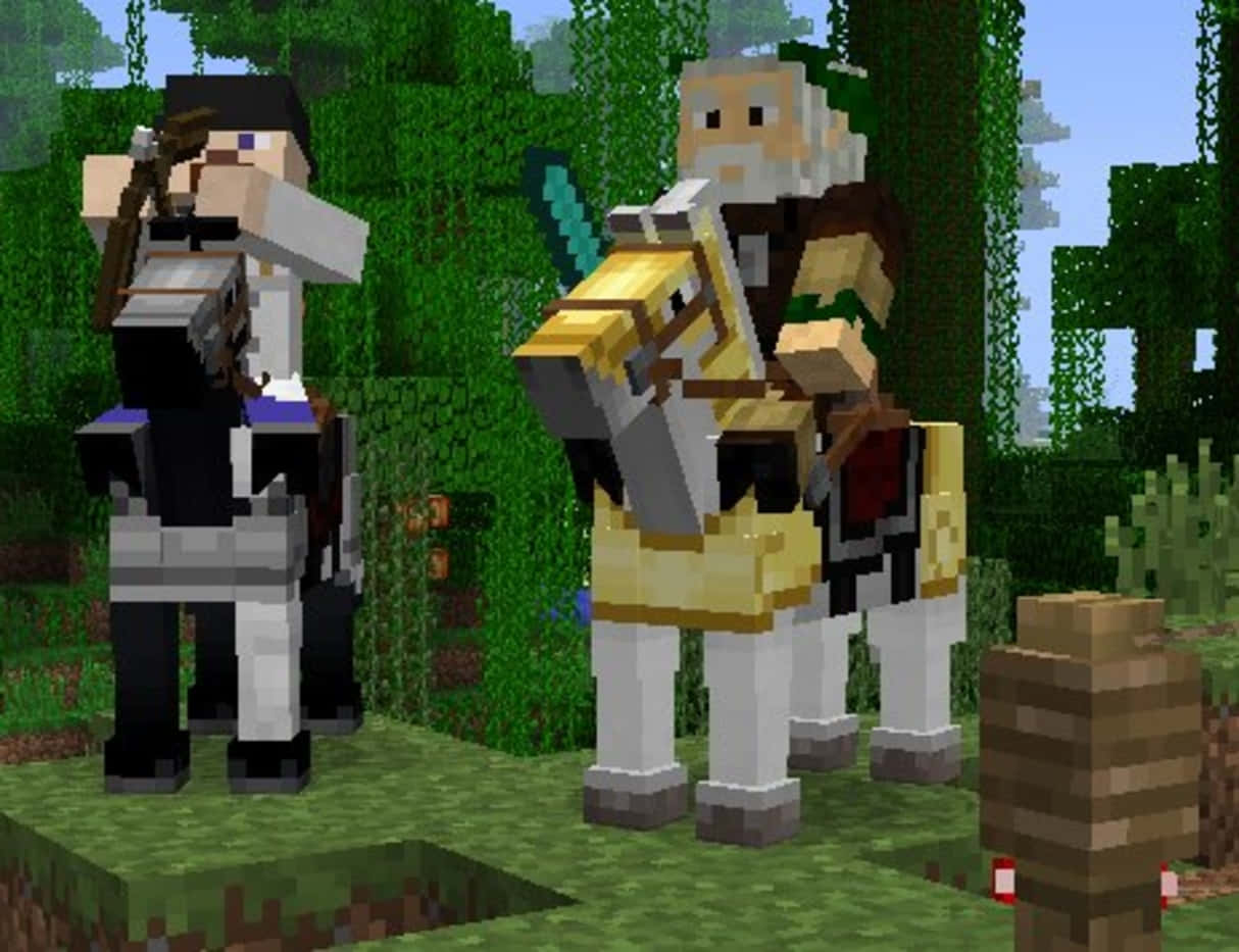 Minecraft Horses 桌布 壁紙 — 兩個像素化的Minecraft騎士騎著馬，站在一個藤蔓和樹木茂密的翠綠森林中。