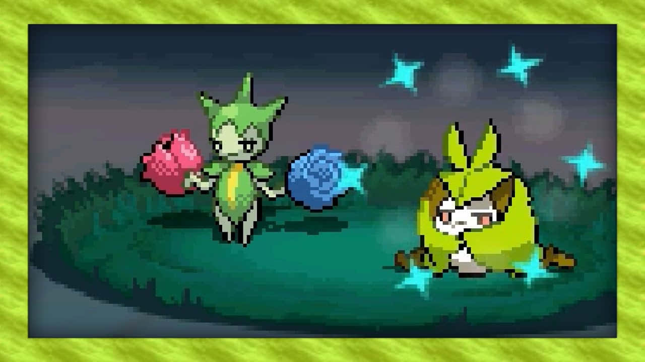 Pokemon 桌布 壁紙 — 兩個像素化的寶可夢站在星空下的草地上，手持發光的球體。