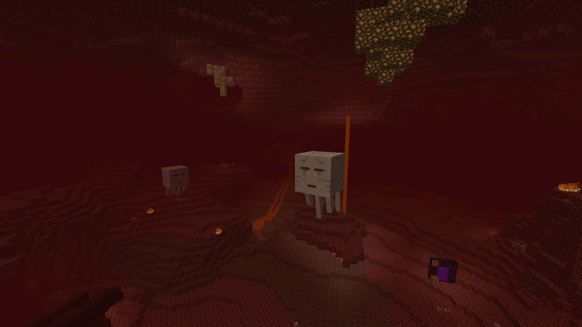 Minecraft Ghast 桌布 壁紙 — 兩個像素化的骷髏站在一個昏暗的紅色地獄洞穴中，有浮動的熔岩和懸掛的地獄岩方塊。