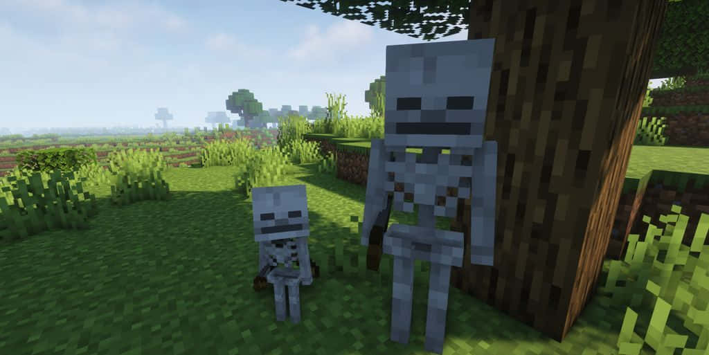 Minecraft Skeleton 桌布 壁紙 — 兩個像素化的骷髏站在一個長滿草的Minecraft田野中，在一棵樹下，天空湛藍。