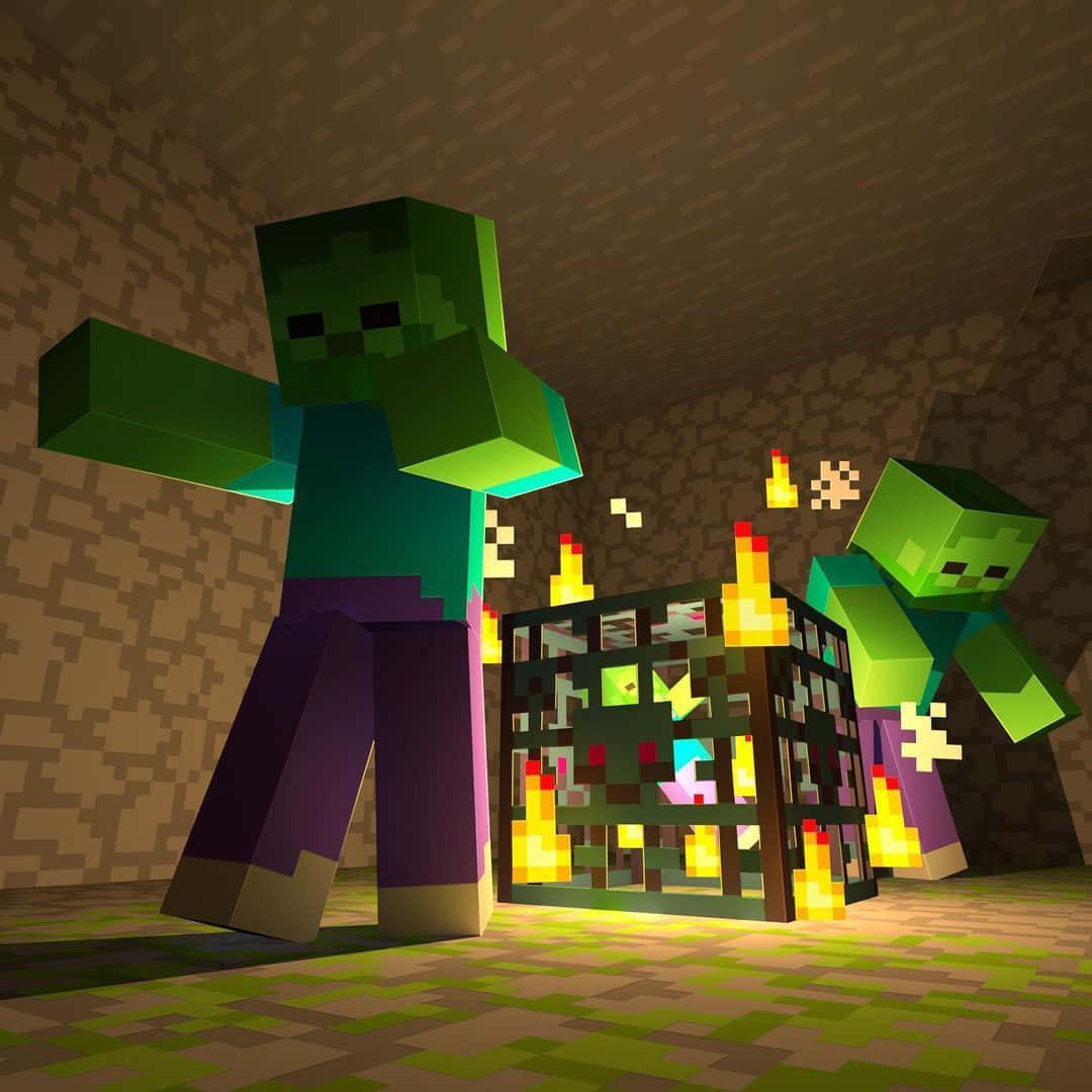 Minecraft Zombie 桌布 壁紙 — 兩個像素化綠色喪屍喺Minecraft地牢入面企喺一個燃燒嘅籠旁邊，充滿威脅。