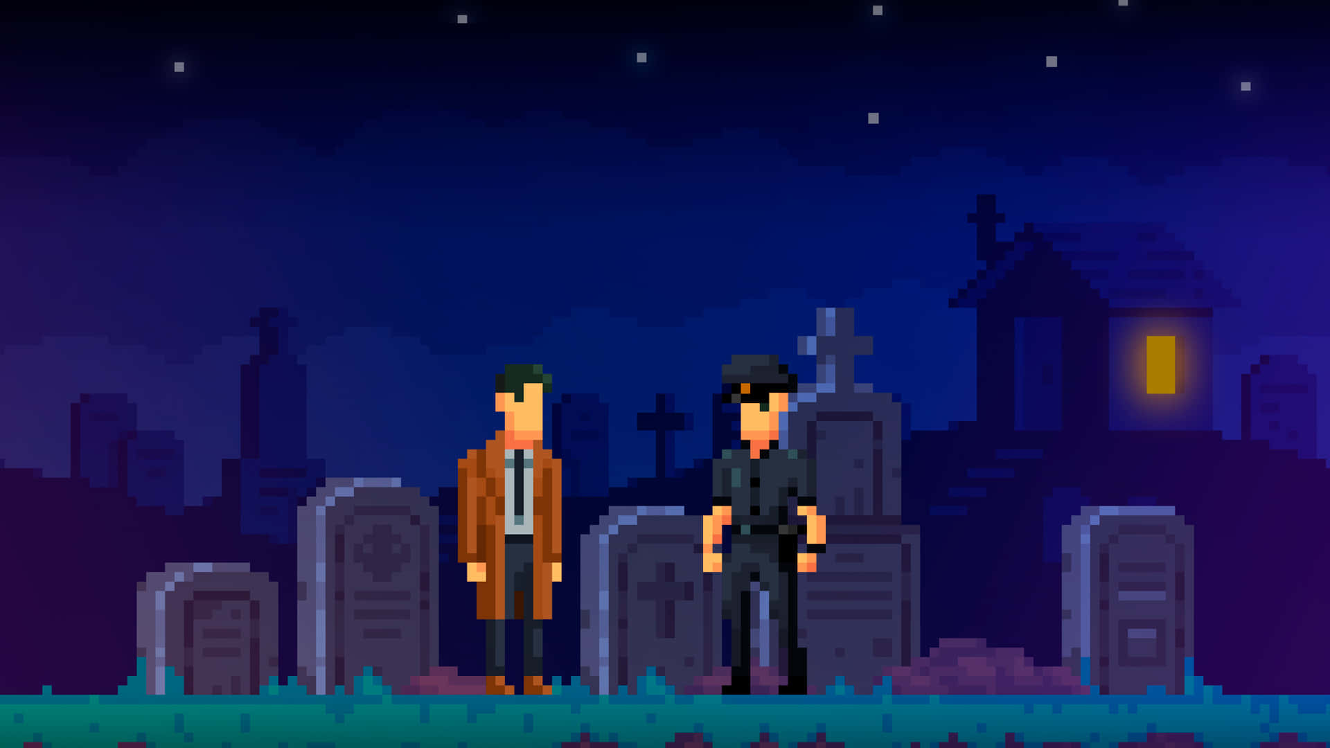 Detective 桌布 壁紙 — 兩個像素藝術角色站在墓地中，背景是星空夜晚和一個亮著的窗戶。