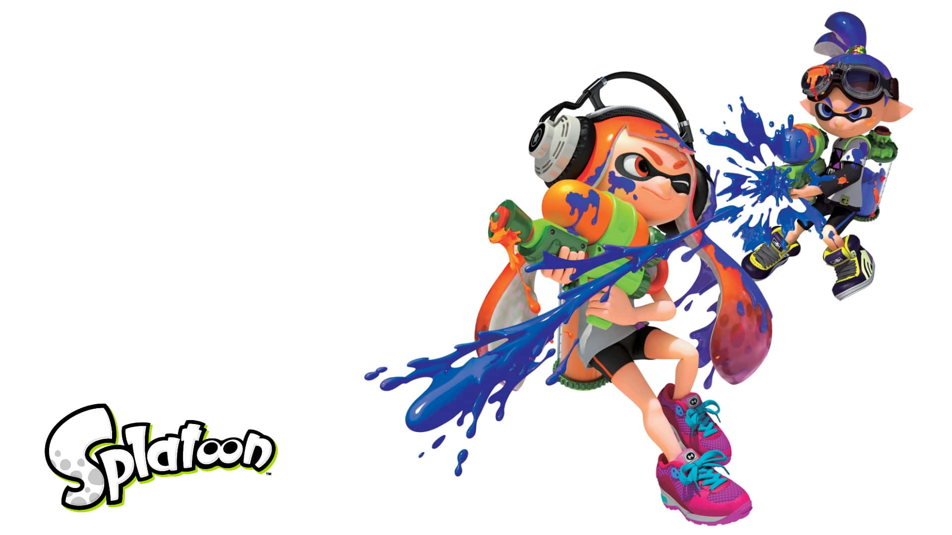 splatoon 桌布 壁紙 — 兩個充滿活力的Splatoon角色以動感姿勢在純白背景上發射色彩繽紛的墨水槍。