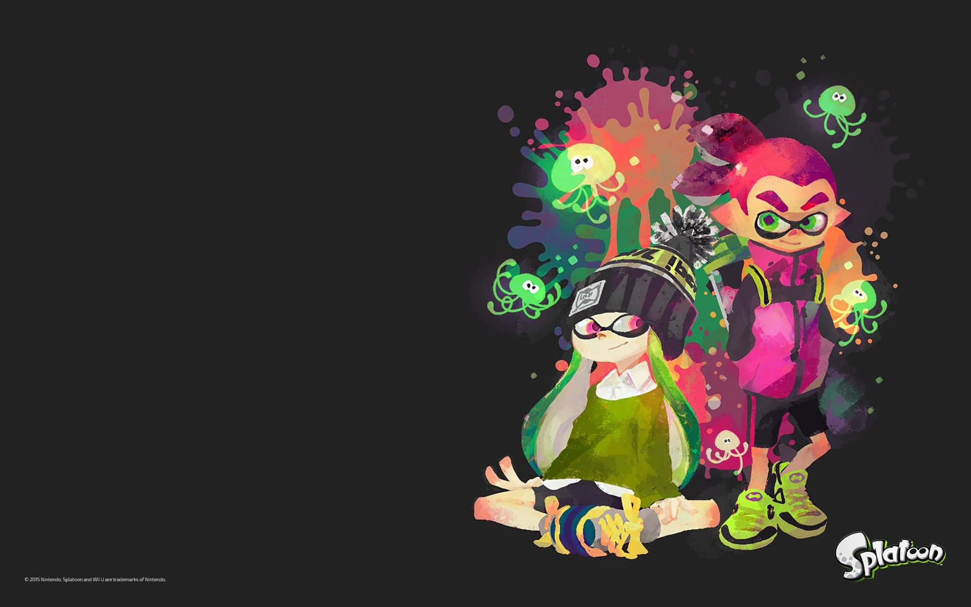 splatoon 桌布 壁紙 — 兩個充滿活力的Splatoon角色在深色背景前，與色彩繽紛的墨水飛濺和俏皮的章魚精靈一起擺姿勢。