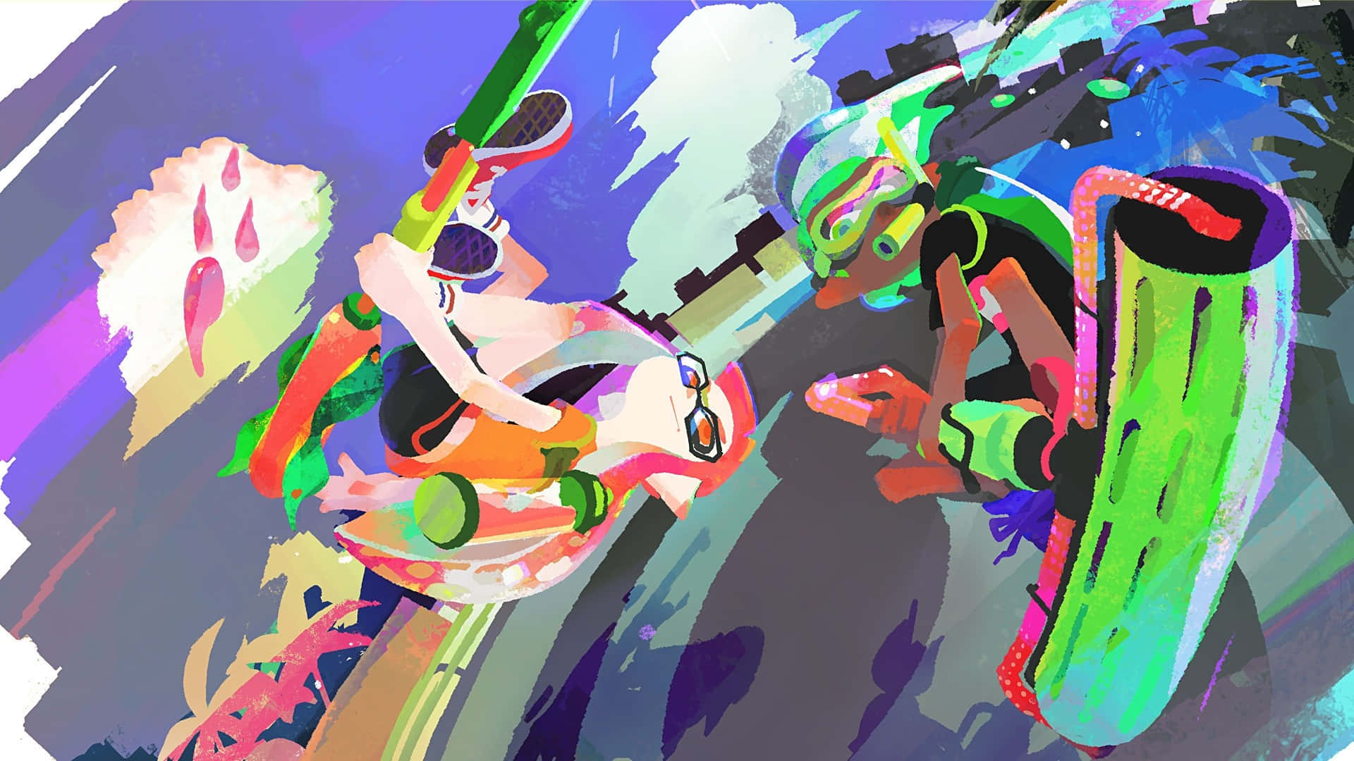 splatoon 桌布 壁紙 — 兩個充滿活力的墨水角色以動態姿勢碰撞，彩色油漆飛濺在風格化的城市背景上。