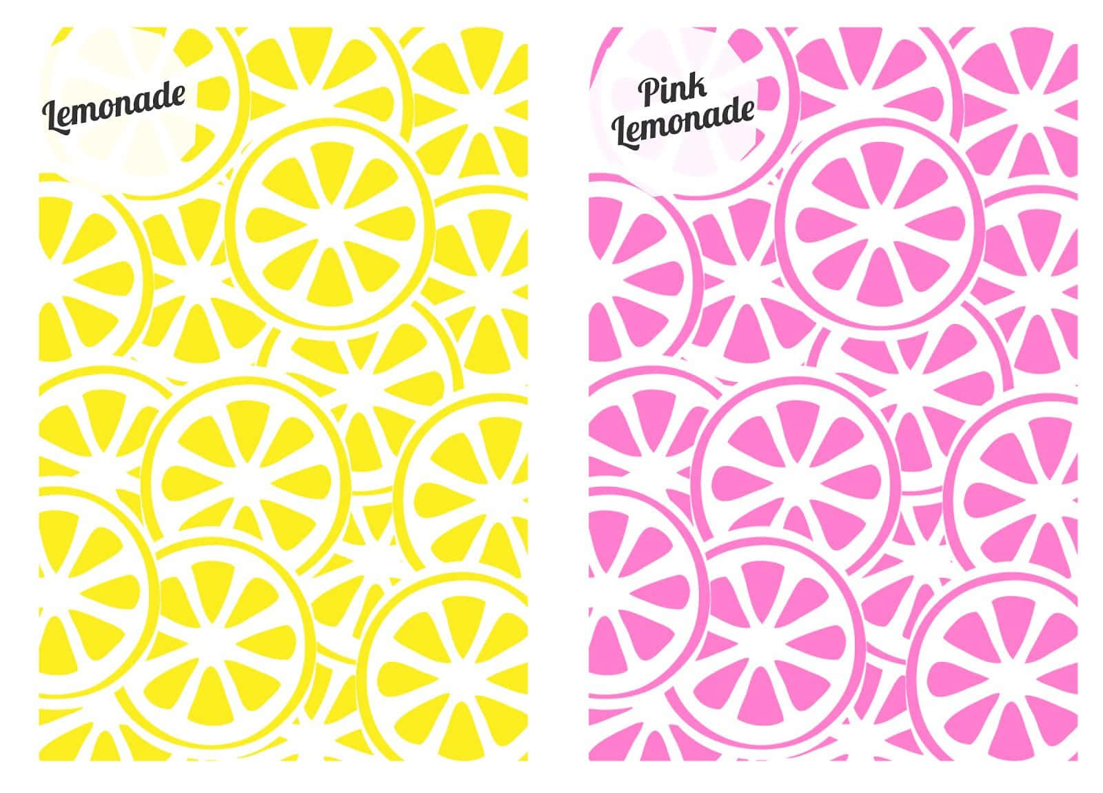 Pink Lemonade 桌布 壁紙 — 兩個充滿活力的牆紙面板，以黃色和粉紅色重複檸檬片圖案，並帶有文字標籤。