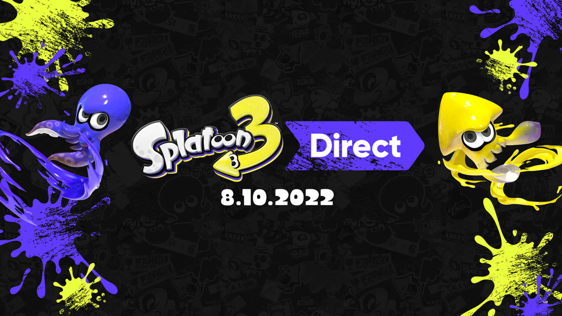 splatoon 桌布 壁紙 — 兩個充滿活力的藍色和黃色墨水飛濺魷魚角色在深色背景上動態擺姿勢，帶有粗體遊戲標題文字。