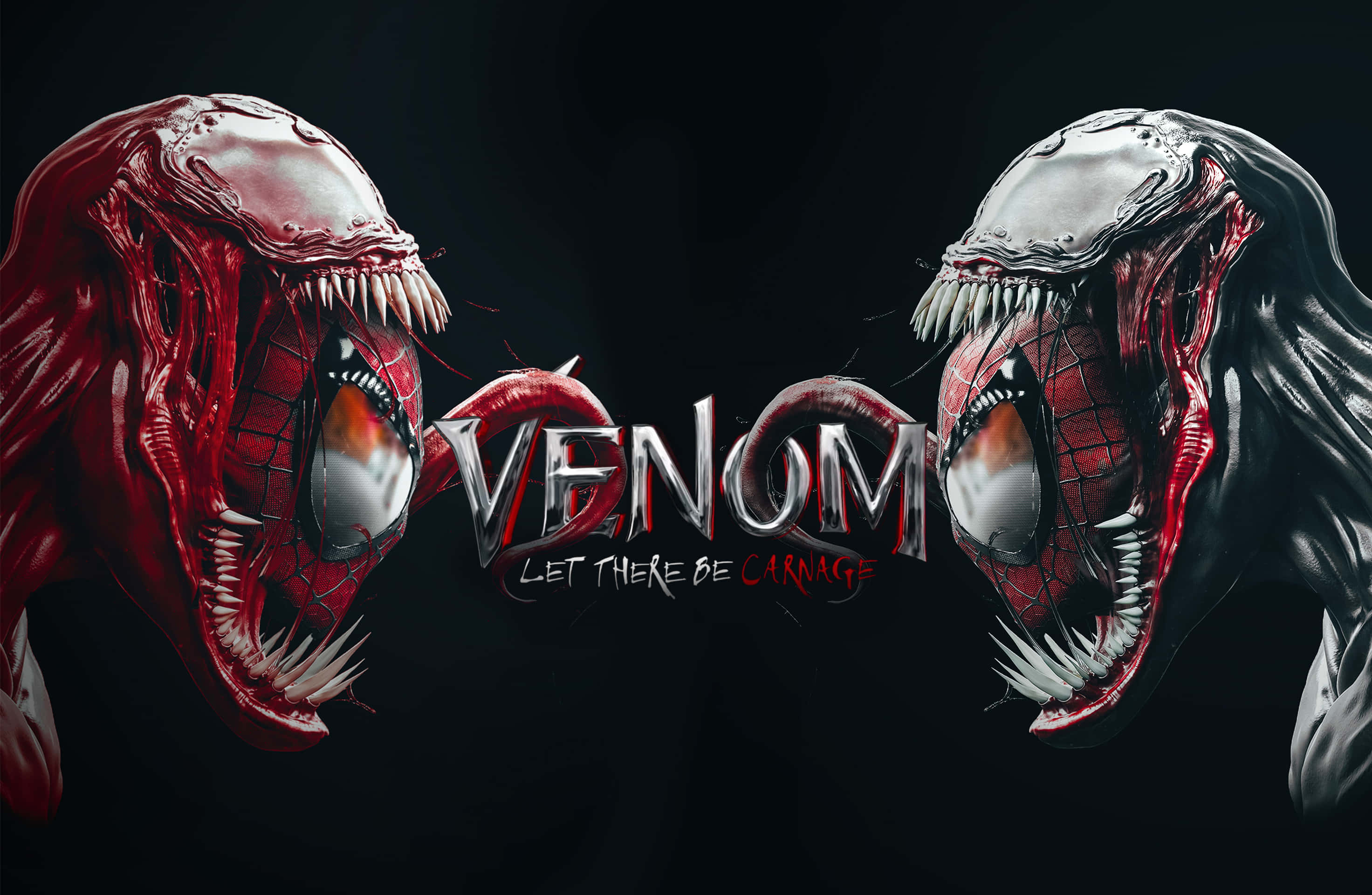 Carnage Vs Venom 桌布 壁紙 — 兩個兇猛的毒魔與屠殺角色在黑色背景前對峙，眼睛發光，牙齒鋒利。