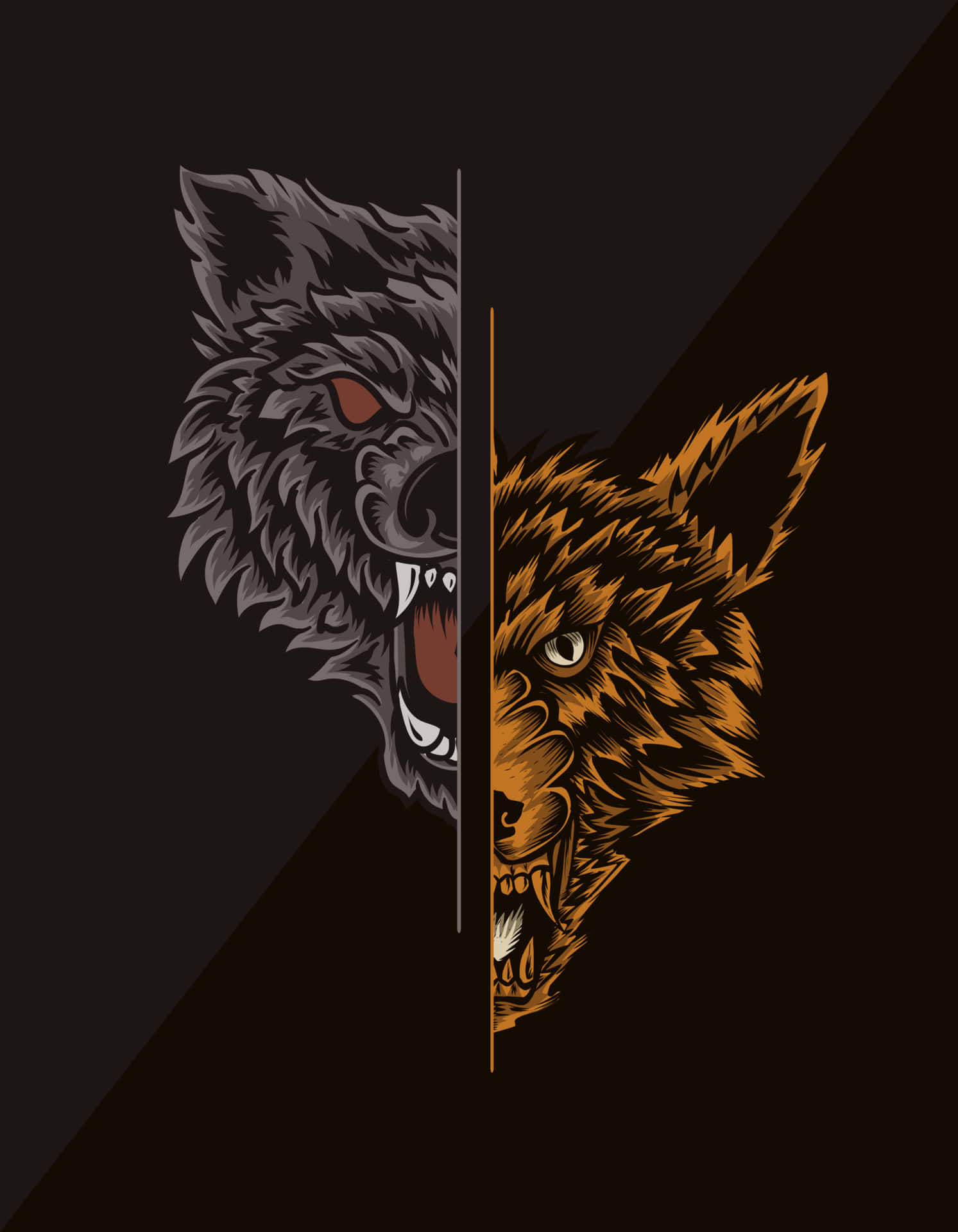 Angry Wolf 桌布 壁紙 — 兩個兇猛的狼頭垂直分開，一個灰色咆哮，另一個金色，兩者都在黑暗背景上發出光芒的眼睛。