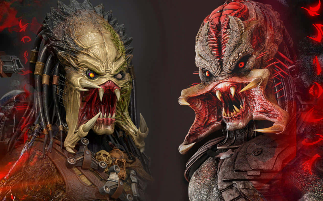 Wolf Predator 桌布 壁紙 — 兩個兇猛的鐵血戰士外星人，在深紅色背景下，瞪著發光的眼睛，露出鋒利的牙齒咆哮。