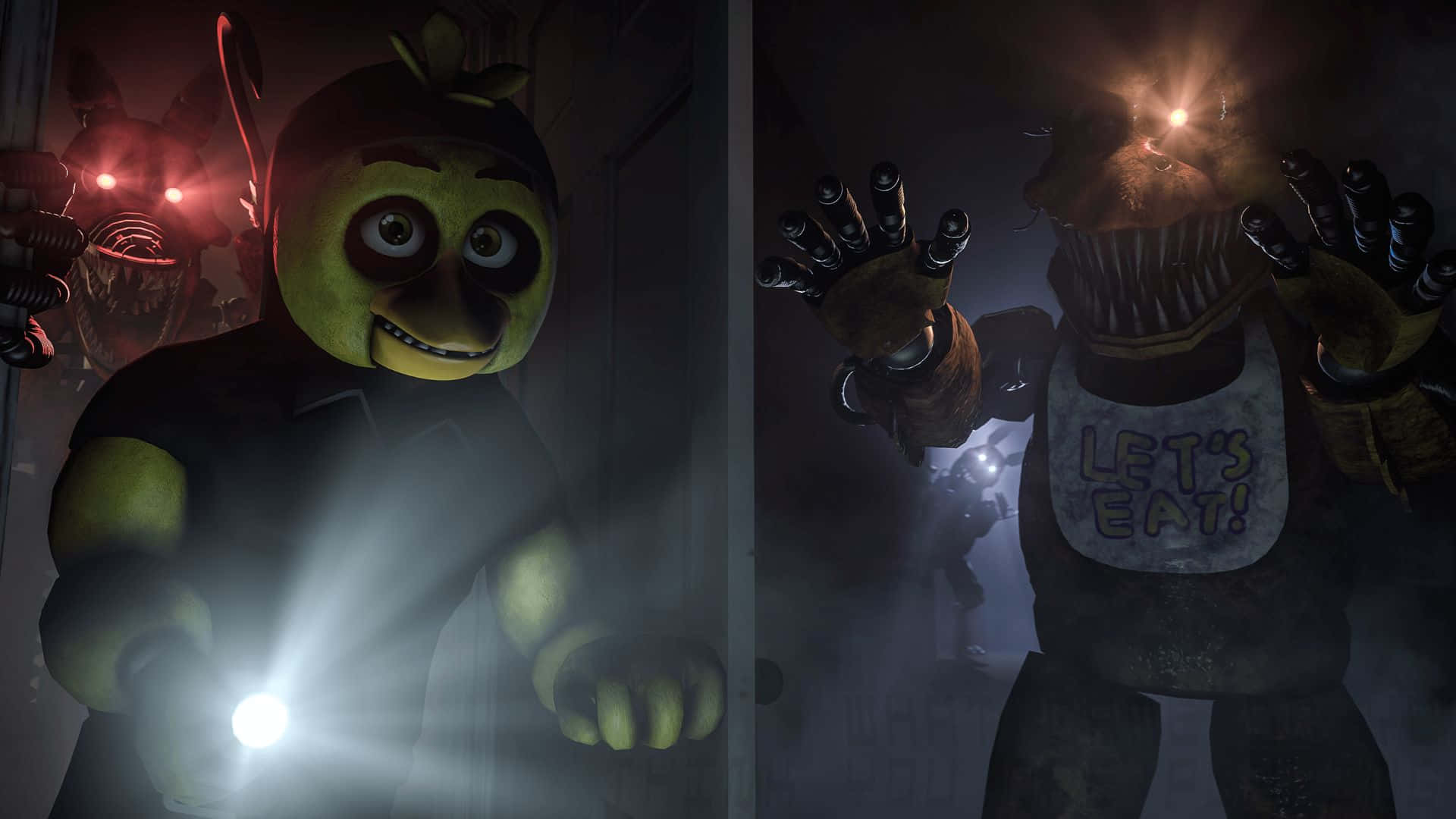 Fnaf Jumpscare 桌布 壁紙 — 兩個兇猛的電子動畫角色在黑暗霧濛濛的走廊中若隱若現，一個拿著手電筒，另一個穿著寫有「LET'S EAT!」的圍兜。
