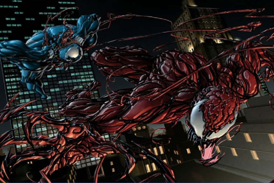 Venom Logo 桌布 壁紙 — 兩個共生超級英雄在一個戲劇性的夜景城市景觀中碰撞，高聳的摩天大樓和發光的窗戶。