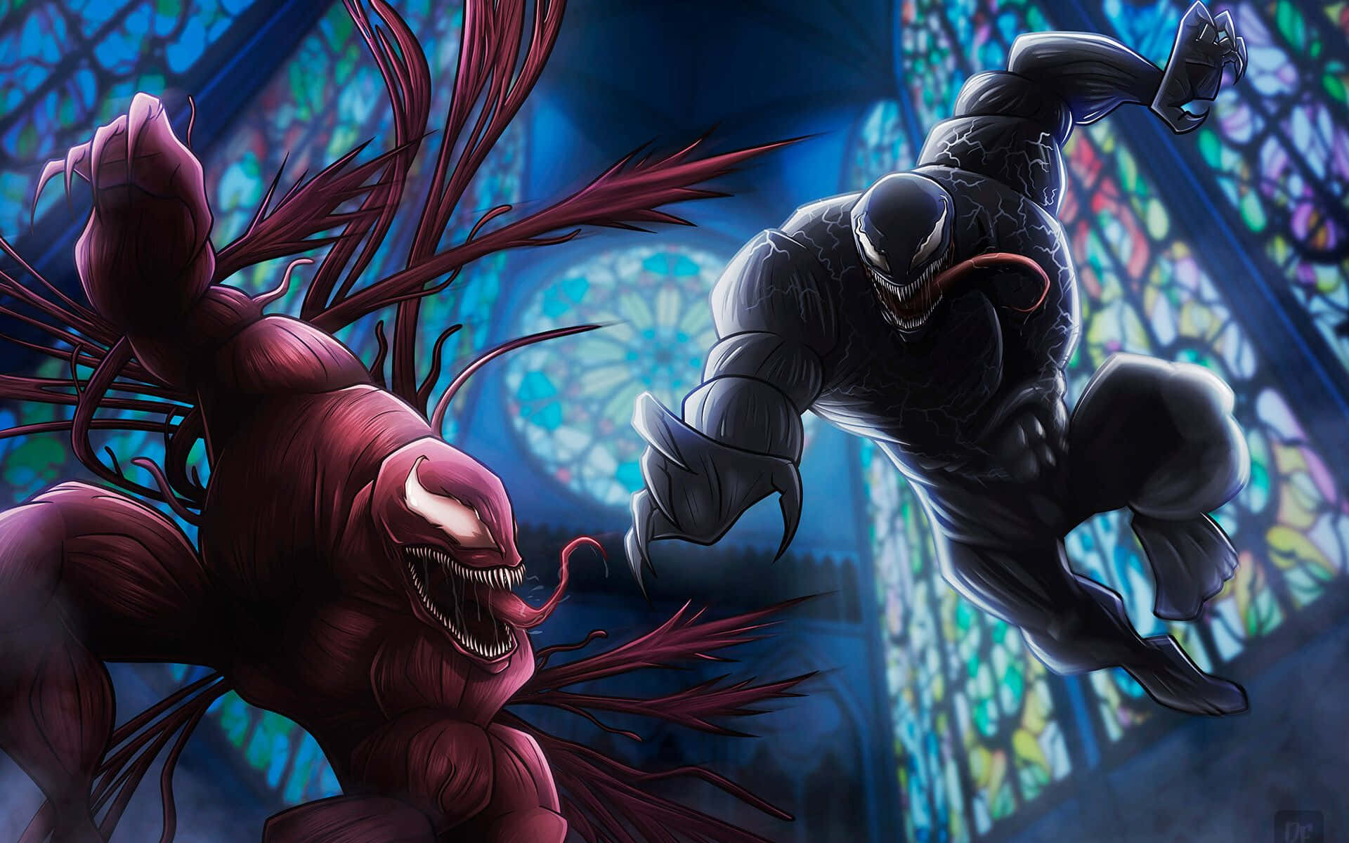 Carnage Vs Venom 桌布 壁紙 — 兩個共生體反派毒液和屠殺在彩色玻璃窗背景下動態碰撞。