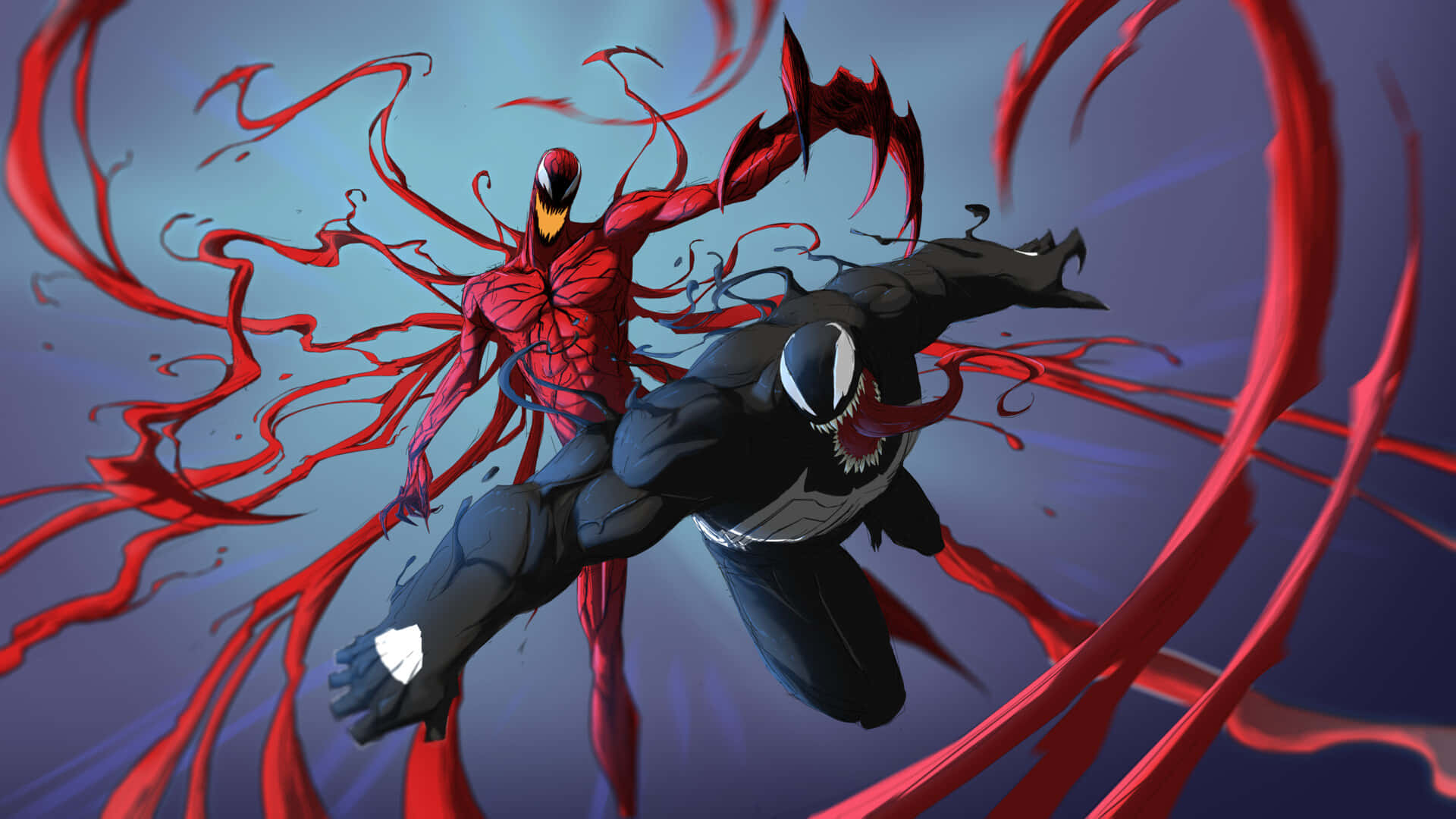 Maximum Carnage 桌布 壁紙 — 兩個共生體英雄在半空中碰撞，紅色觸手在他們周圍旋轉，背景為漸變藍色。