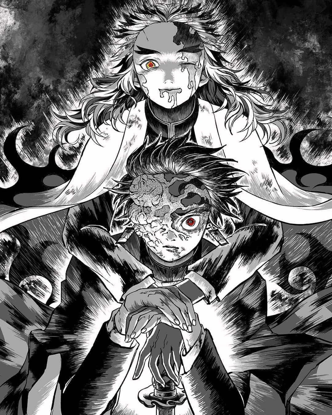 Rengoku And Tengen 桌布 壁紙 — 兩個具有惡魔特徵和紅眼的動漫戰士，站在一個帶有旋轉黑暗能量的戲劇性黑白構圖中。