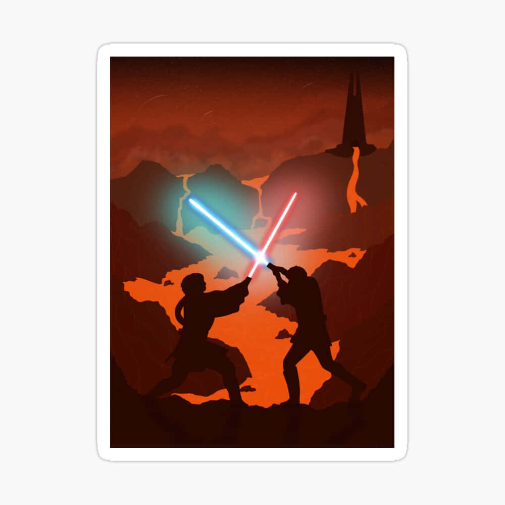 Mustafar 桌布 壁紙 — 兩個剪影人物以藍色和紅色光劍決鬥，背景是熾熱的橙紅色火山景觀。
