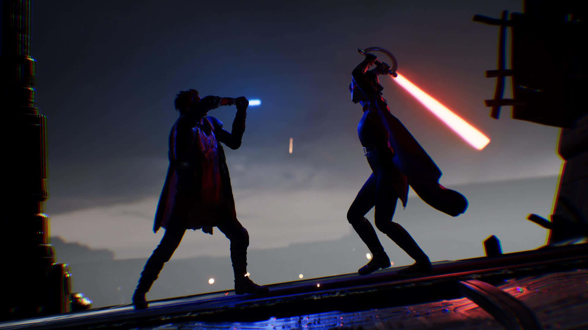 Lightsaber Duel 桌布 壁紙 — 兩個剪影人物在暮色天空下，在一個深色金屬平台上用發光的藍色和紅色光劍決鬥。