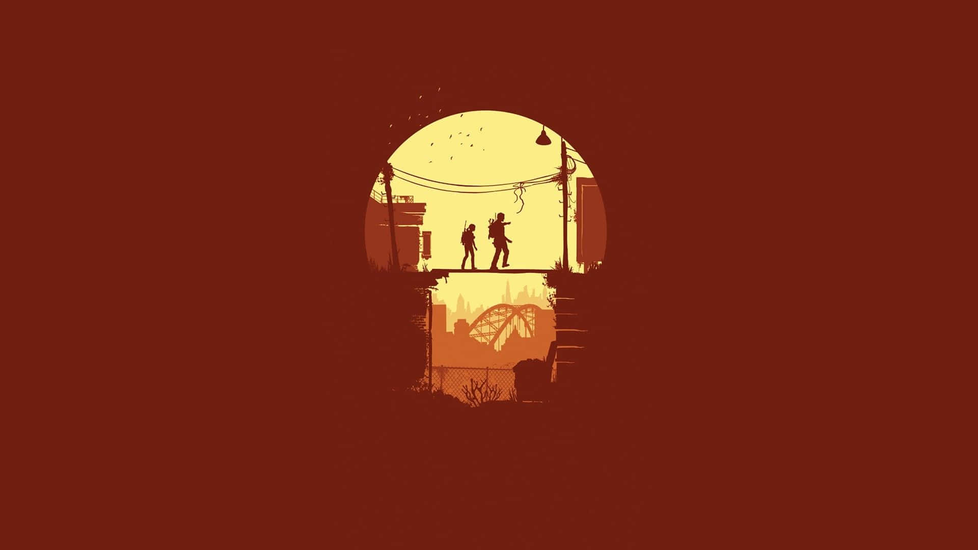 Minimalist Game 桌布 壁紙 — 兩個剪影人物在溫暖的日落天空襯托下，穿過一個圓形窗框的橋樑。