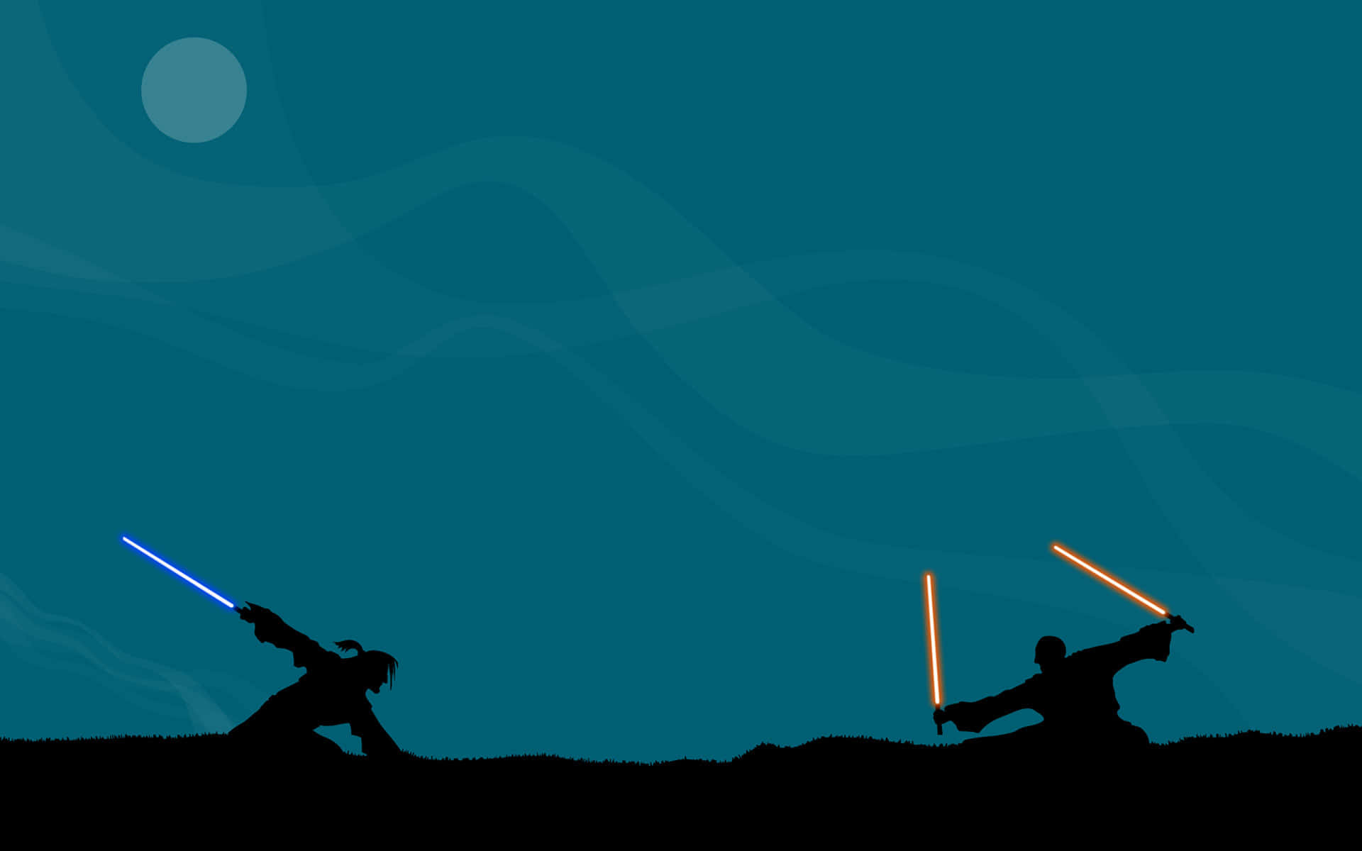 Lightsaber Duels 桌布 壁紙 — 兩個剪影人物在蒼白的月亮下，以發光的藍色和橙色光劍決鬥，背景是藍綠色的天空。