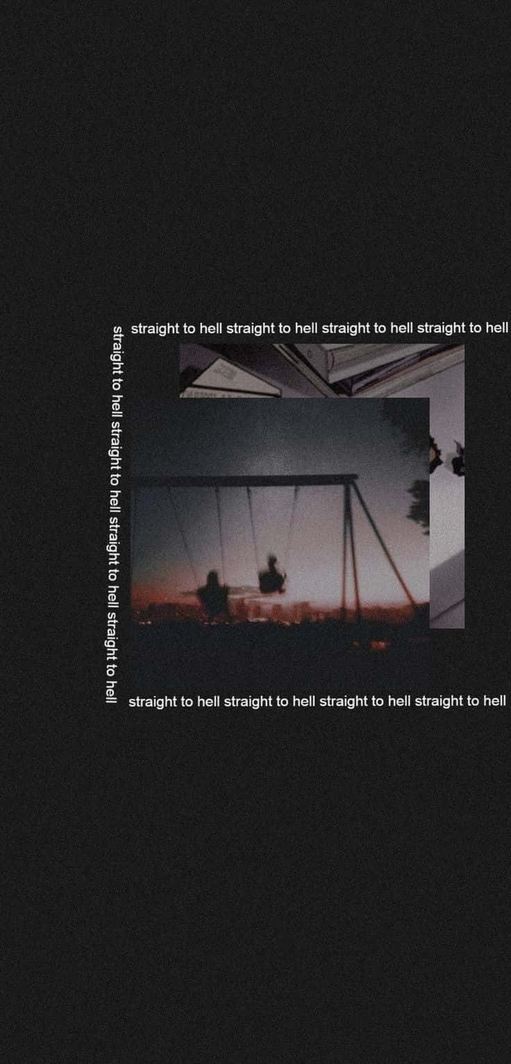Aesthetic Grunge Phone 桌布 壁紙 — 兩個剪影人物在鞦韆上，背景是昏暗的橙色天空，並由深色背景上的重複文字框住。