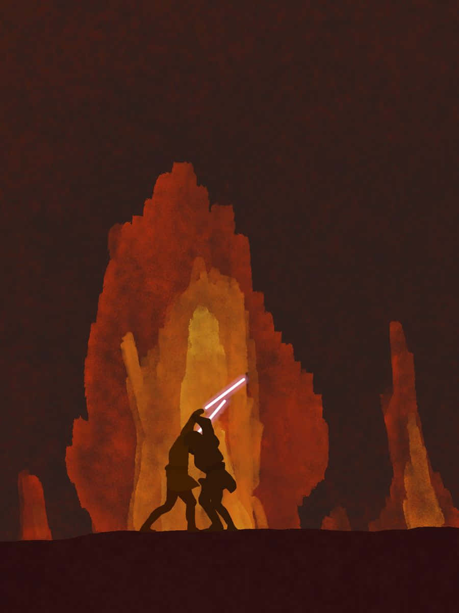 Mustafar 桌布 壁紙 — 兩個剪影人物在黑暗的天空下，於高聳的火焰岩石層前用發光的光劍決鬥。