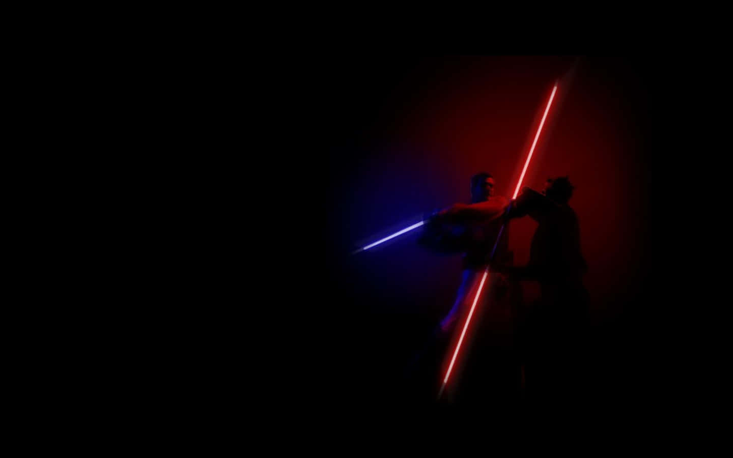 Lightsaber Duels 桌布 壁紙 — 兩個剪影人物在黑暗背景下，帶有彩色光暈，用發光的藍色和紅色光劍交鋒。