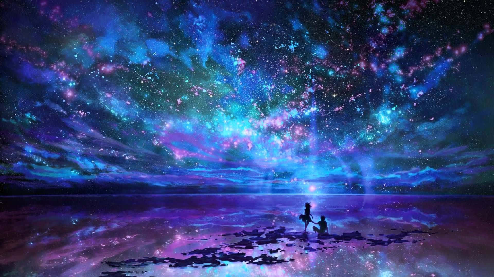 Digital Art 桌布 壁紙 — 兩個剪影人物坐在宇宙海岸上，下方是水中倒映的電光藍、紫和粉紅色漩渦星系。