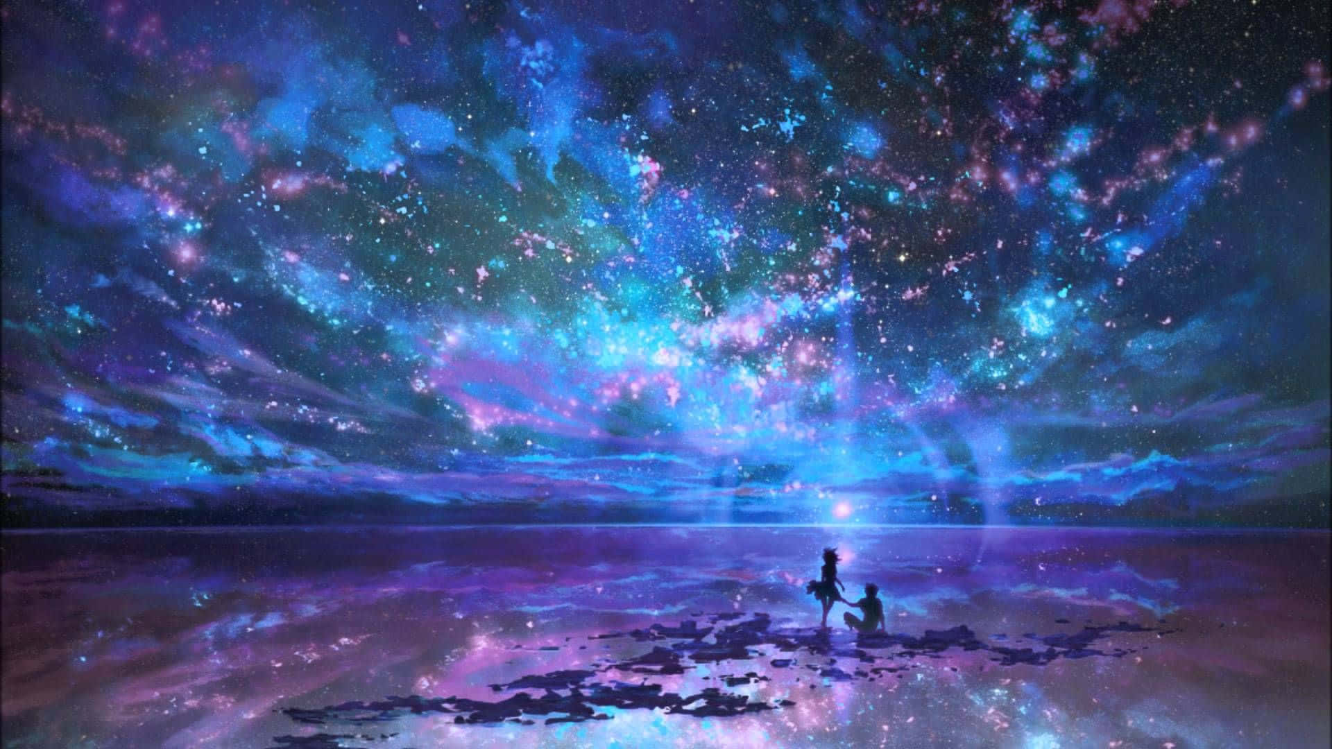 Midnight 桌布 壁紙 — 兩個剪影人物坐在宇宙海岸上，下方是藍色和紫色星星旋轉的星系倒映在水中。