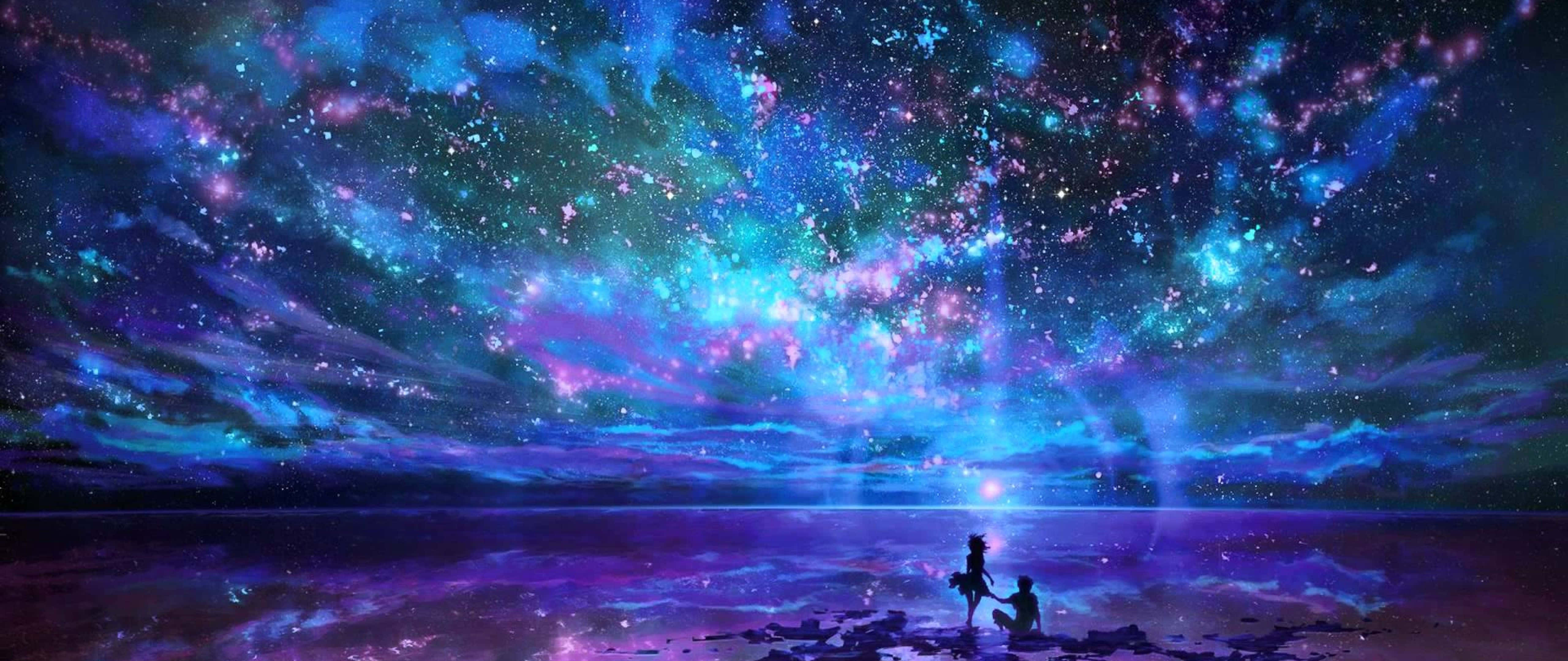 wide 桌布 壁紙 — 兩個剪影人物坐在岸邊，上方是充滿閃爍星星和星雲的鮮豔宇宙天空。
