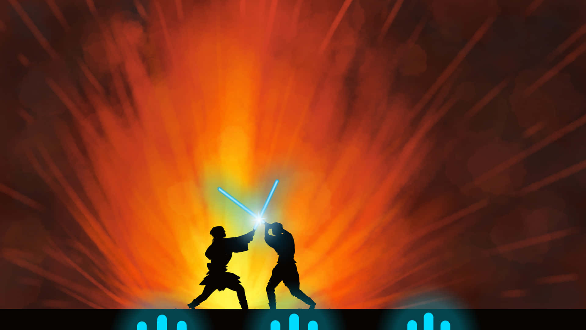 Mustafar 桌布 壁紙 — 兩個剪影人物手持發光的藍色光劍，在絢麗的橙色和紅色爆炸背景中交鋒。