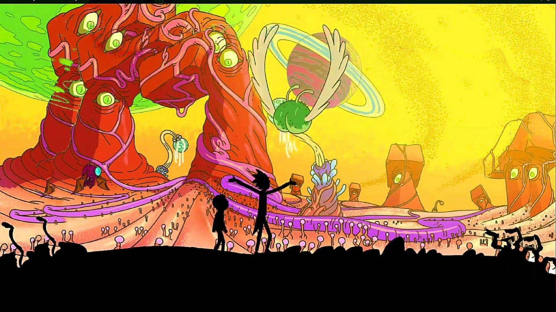 Cartoon Alien 桌布 壁紙 — 兩個剪影人物站在一個巨大的紅色外星生物面前，牠的眼睛發光，背景是超現實的黃色天空。